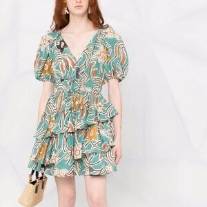 Ulla Johnson- NWOT “Farrah” Teal Floral Silk Ruffle Mini Dress